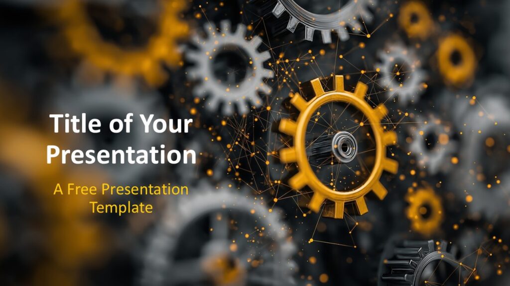 Golden Gearworks Cover Slide for PowerPoint & Google Slides Opening slide design with golden gears background, bold left-aligned title area, and industrial theme for PowerPoint and Google Slides.