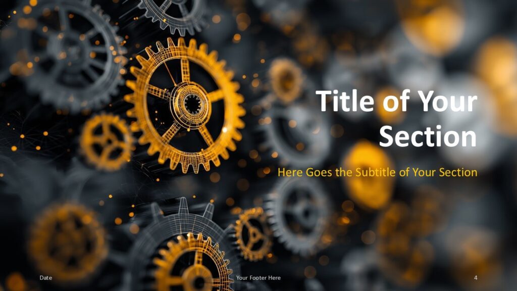 Golden Gearworks Section Slide Option 1 for PowerPoint & Google Slides Right-aligned title and subtitle layout with central gear graphic, used to introduce new sections in PowerPoint and Google Slides presentations.