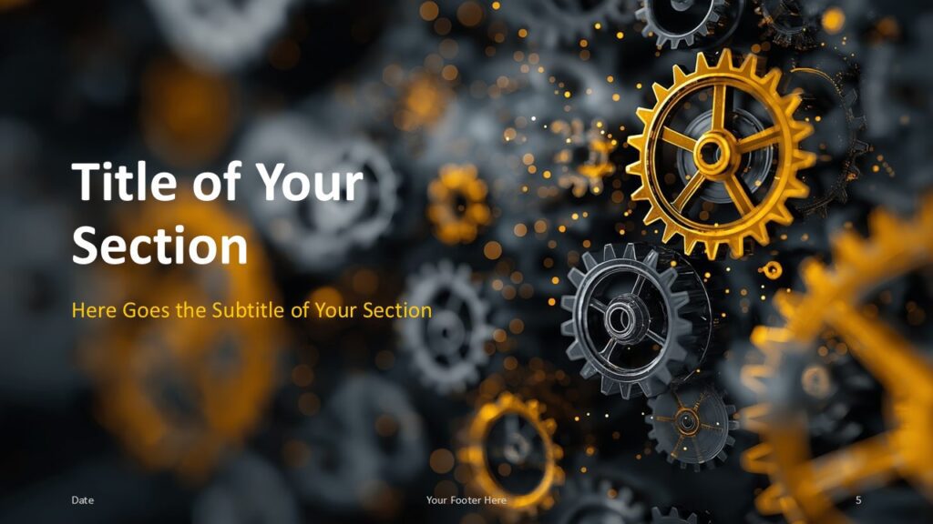 Golden Gearworks Section Slide Option 2 for PowerPoint & Google Slides Left-aligned section heading with interlocking gear design in background, used for topic transitions in PowerPoint and Google Slides templates.