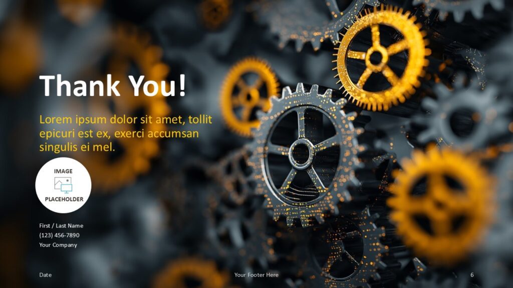 Golden Gearworks Thank You Slide Template for PowerPoint & Google Slides Closing slide with thank you message, contact fields, and photo placeholder set over golden gear background in PowerPoint and Google Slides format.