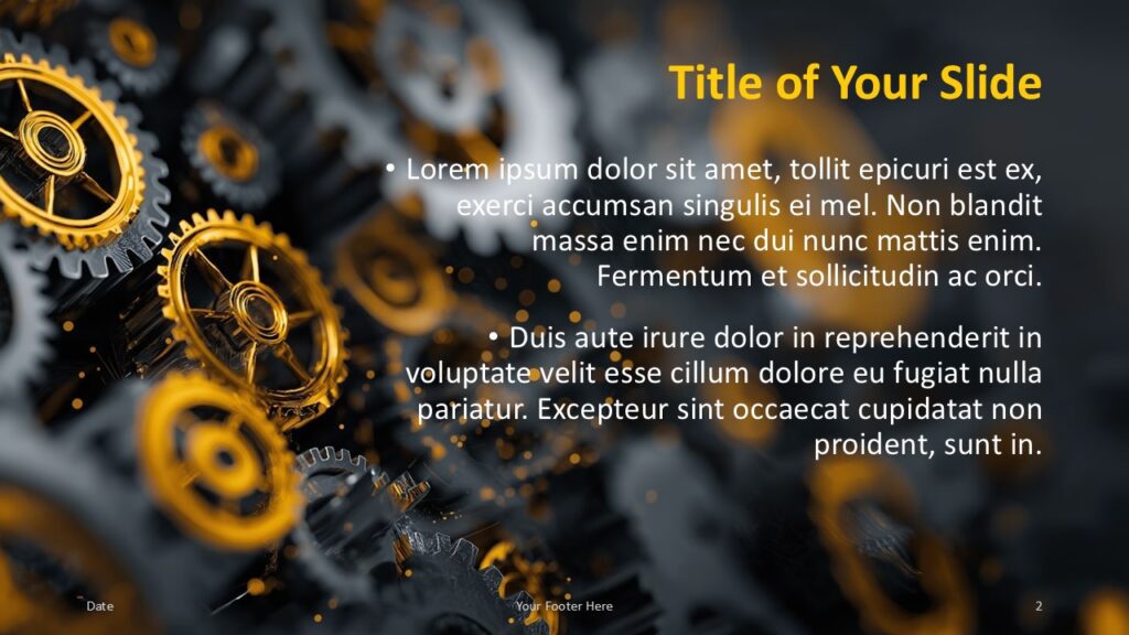 Golden Gearworks Title and Content Slide Option 1 for PowerPoint & Google Slides Slide layout with top-right golden title, white bullet points, and gear background for technical presentations in PowerPoint and Google Slides.