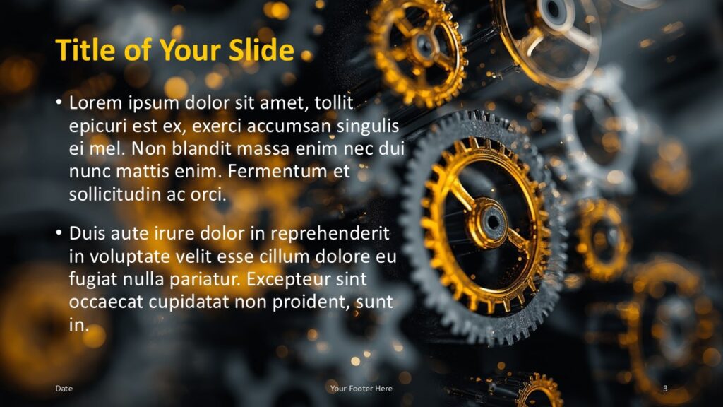 Golden Gearworks Title and Content Slide Option 2 for PowerPoint & Google Slides Alternate content slide with top-left title and right-side golden gear focus, ideal for step-by-step or comparative topics in Google Slides and PowerPoint.