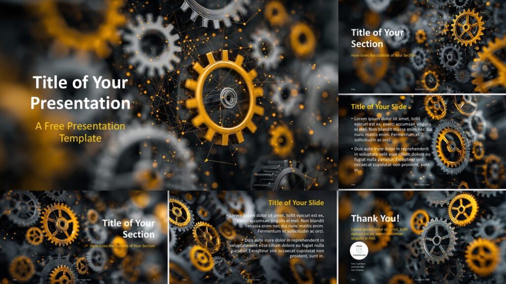 Full widescreen layout of the Golden Gearworks template for PowerPoint and Google Slides with a cohesive gear design and dark theme.