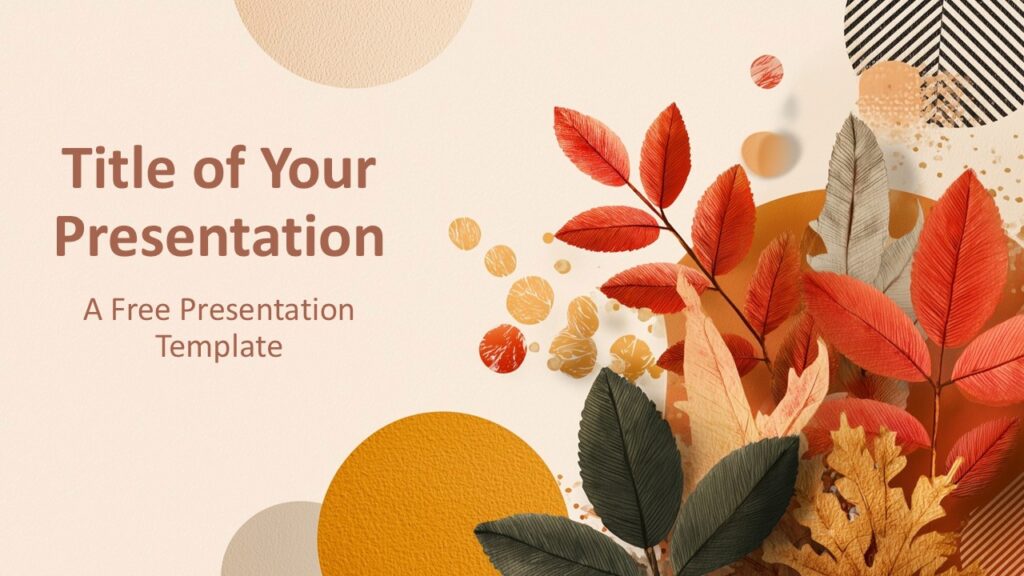 Golden Season Cover Slide for PowerPoint & Google Slides Cover slide of the Golden Season Template for PowerPoint and Google Slides with beige background, layered circles, and fall leaves on the right.
