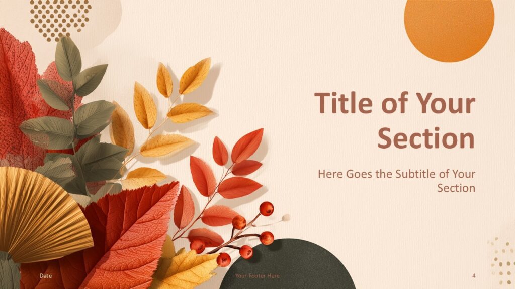 Golden Season Section Slide Option 1 for PowerPoint & Google Slides Section divider from the Golden Season Template for PowerPoint and Google Slides with foliage on the left and bold section title on the right.
