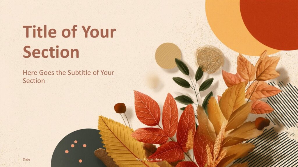 Golden Season Section Slide Option 2 for PowerPoint & Google Slides Section divider layout of the Golden Season Template for PowerPoint and Google Slides with right-side decoration and space for new topics.
