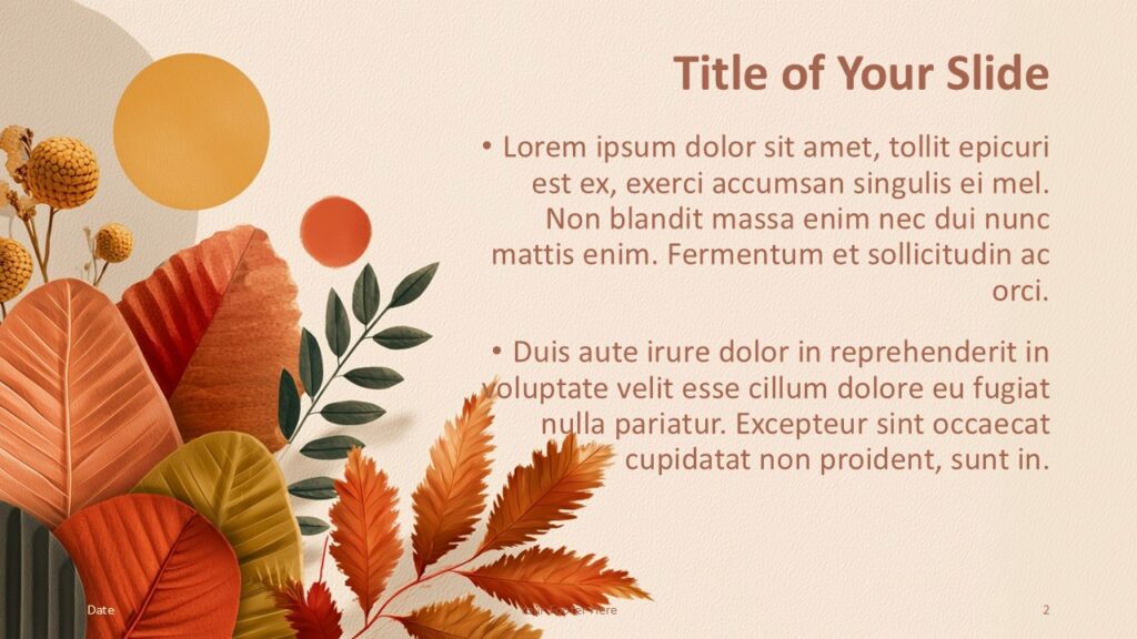 Golden Season Title and Content Slide Option 1 for PowerPoint & Google Slides Title and content slide of the Golden Season Template for PowerPoint and Google Slides with foliage on the left and text placeholders on the right.