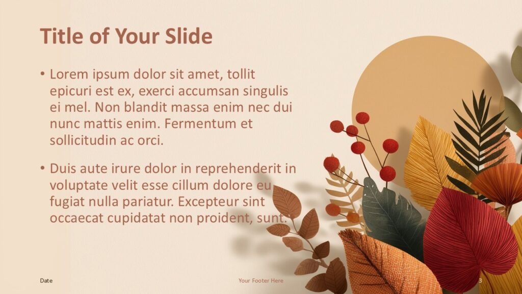 Golden Season Title and Content Slide Option 2 for PowerPoint & Google Slides Golden Season Template slide for PowerPoint and Google Slides featuring right-aligned fall leaves and text area on the left.