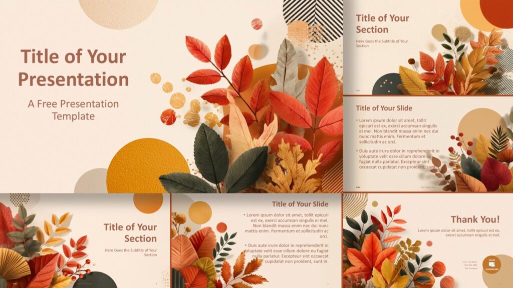 Widescreen preview of the Golden Season Template for PowerPoint and Google Slides, showing fall leaves, warm tones, and clear layouts.