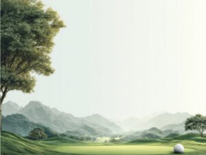 Blank golf-themed invitation with a golf ball on a green field and a serene mountain backdrop.