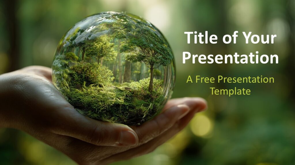 Green Sphere Vision Cover Slide for PowerPoint & Google Slides Title slide with a green forest-in-glass-sphere background, bold headline text on the right, ideal for nature-themed introductions.