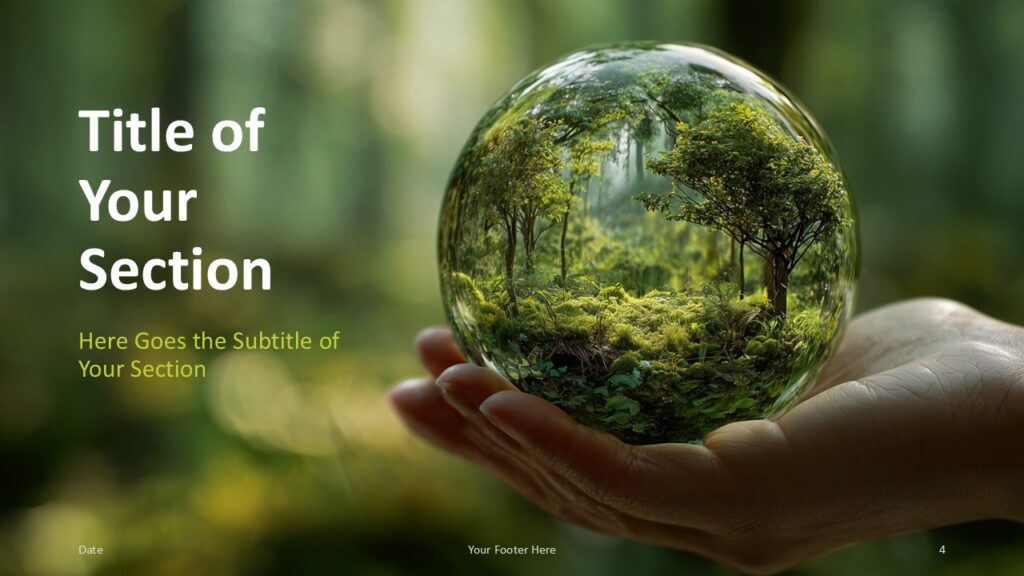 Green Sphere Vision Section Slide Option 1 for PowerPoint & Google Slides Section divider with bold title on the left and forest sphere on the right, designed to introduce new topics in eco-friendly presentations.