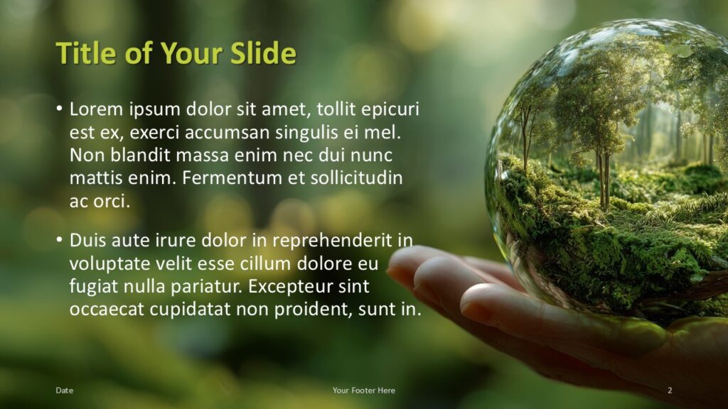Green Sphere Vision Title and Content Slide Option 1 for PowerPoint & Google Slides Content slide with left-aligned title and text blocks, featuring a forest sphere visual on the right for eco-themed presentations.
