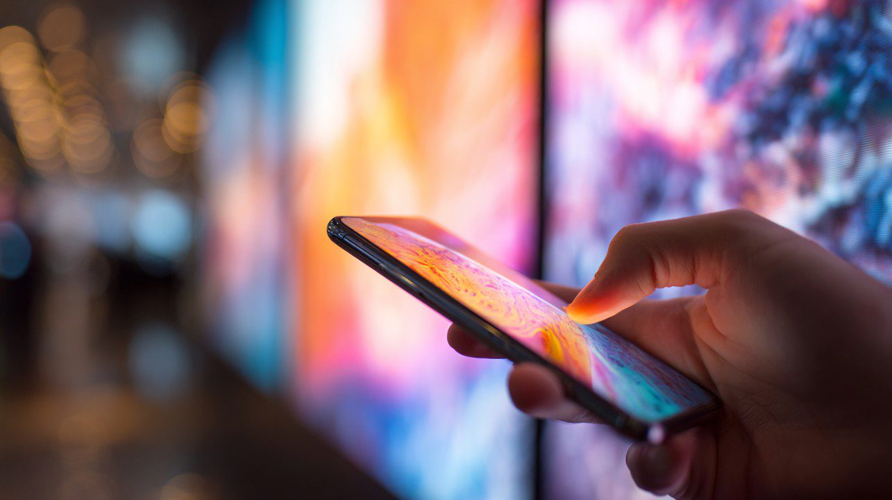Close-up of a hand holding a smartphone with a colorful glowing screen in front of vibrant digital displays.