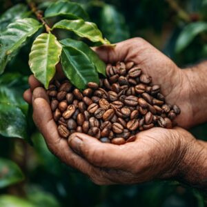 A pair of rustic hands cupping roasted coffee beans in front of vibrant green coffee plant leaves, representing sustainable agriculture.