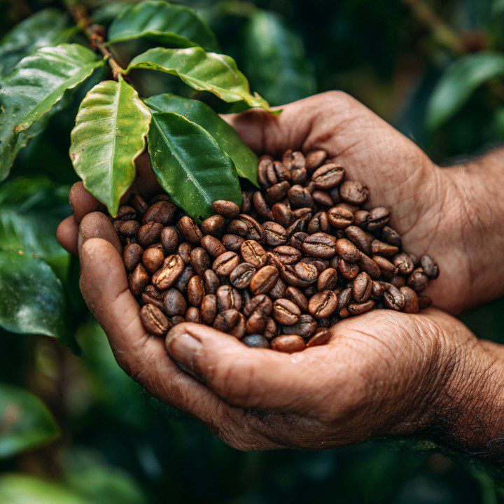 A pair of rustic hands cupping roasted coffee beans in front of vibrant green coffee plant leaves, representing sustainable agriculture.