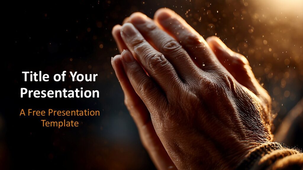 Hands of Prayer Cover Slide for PowerPoint & Google Slides Opening slide with hands in prayer, warm light from the right, and a left-aligned title for PowerPoint and Google Slides presentations.