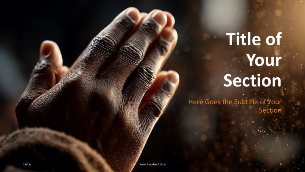 Hands of Prayer Section Slide Option 1 for PowerPoint & Google Slides Section divider with image on the left and right-aligned title text, signaling new topics in PowerPoint and Google Slides decks.