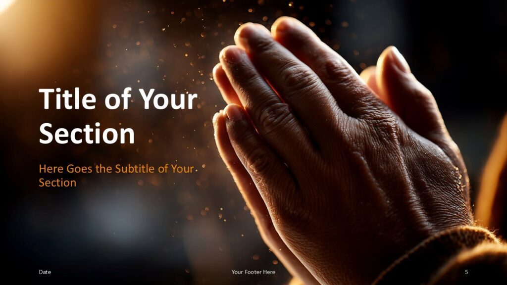 Hands of Prayer Section Slide Option 2 for PowerPoint & Google Slides Section transition slide with hands on the right and text on the left, styled for smooth topic breaks in presentations.