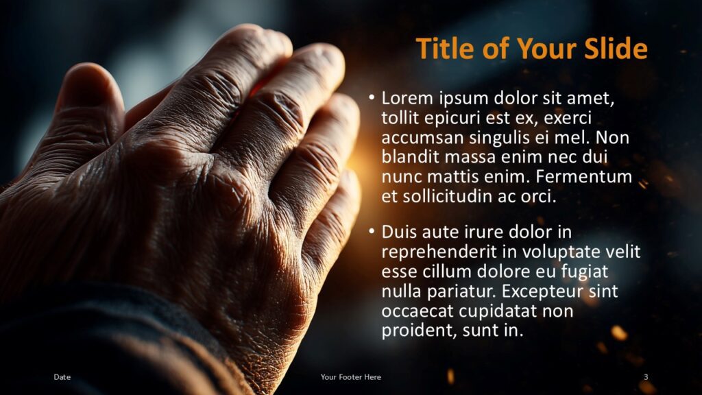Hands of Prayer Title and Content Slide Option 2 for PowerPoint & Google Slides Reversed layout with text on the right and hands on the left, providing content flow variation in PowerPoint and Google Slides.