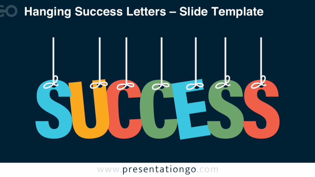 Hanging Success Letters – Dark Background for PowerPoint & Google Slides Free Hanging Success Letters PowerPoint template displays vibrant letters dangling from the top on a dark background, perfectly formatted for widescreen Google Slides use.