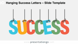 Free Hanging Success Letters PowerPoint template features bold, multi-colored letters suspended by bows on strings over a light background, designed for widescreen Google Slides presentations.