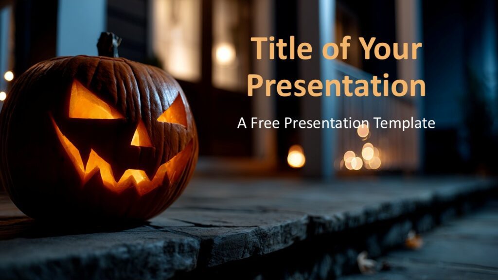 Haunted Porch Cover Slide for PowerPoint & Google Slides Title slide with glowing jack-o’-lantern and bokeh lights, designed for PowerPoint and Google Slides Halloween-themed presentations.
