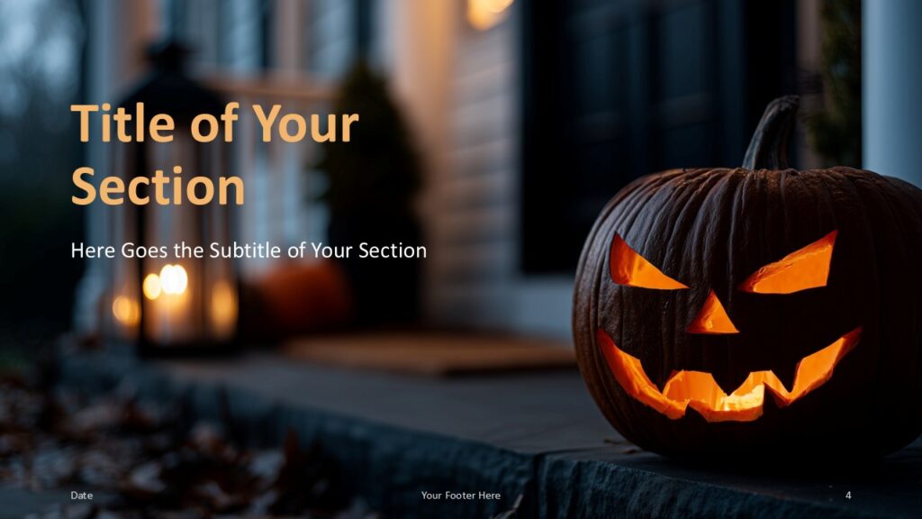 Haunted Porch Section Slide Option 1 for PowerPoint & Google Slides Section divider with large left-side heading and right-positioned pumpkin, designed to introduce new topics in PowerPoint and Google Slides.