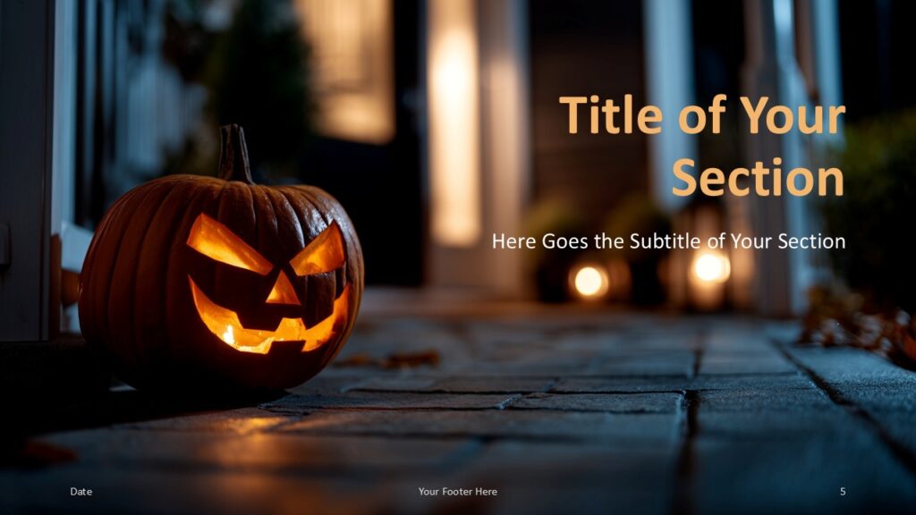 Haunted Porch Section Slide Option 2 for PowerPoint & Google Slides Halloween-themed slide with left-aligned pumpkin and right-side text block used for visual transitions in PowerPoint and Google Slides.