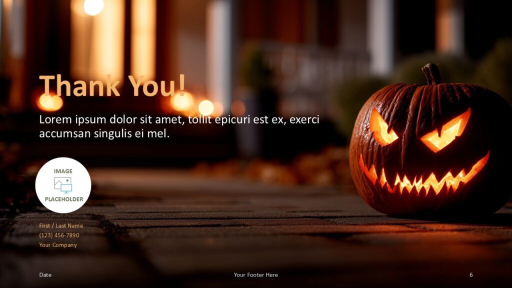 Haunted Porch Thank You Slide Template for PowerPoint & Google Slides Final slide with glowing pumpkin, thank you message, contact info, and optional profile image for PowerPoint and Google Slides.
