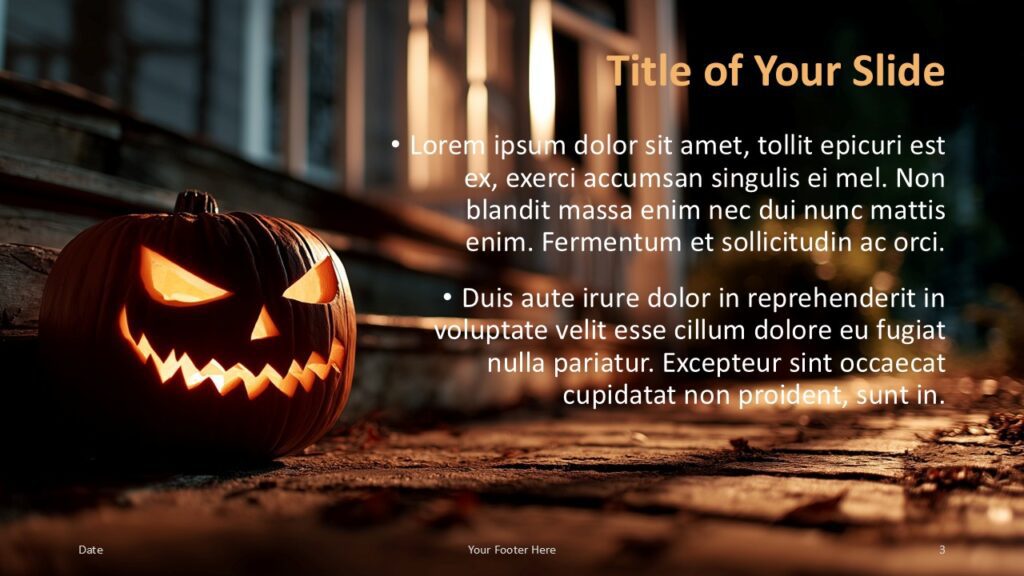 Haunted Porch Title and Content Slide Option 2 for PowerPoint & Google Slides Left-aligned pumpkin with right-aligned text layout in a Halloween-themed PowerPoint and Google Slides presentation slide.