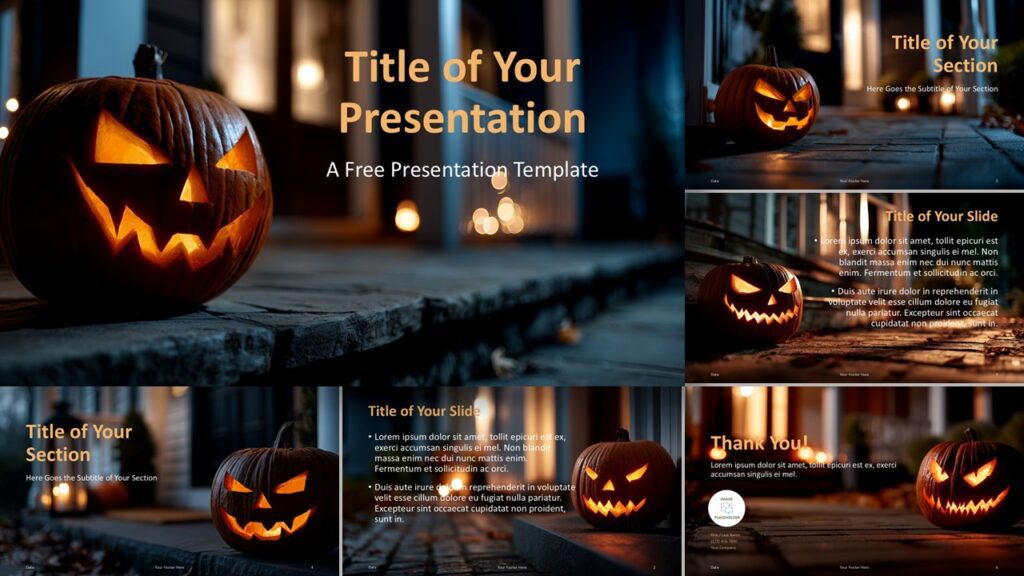 Widescreen preview of the full Haunted Porch Template for PowerPoint and Google Slides with dark backgrounds and glowing pumpkins.