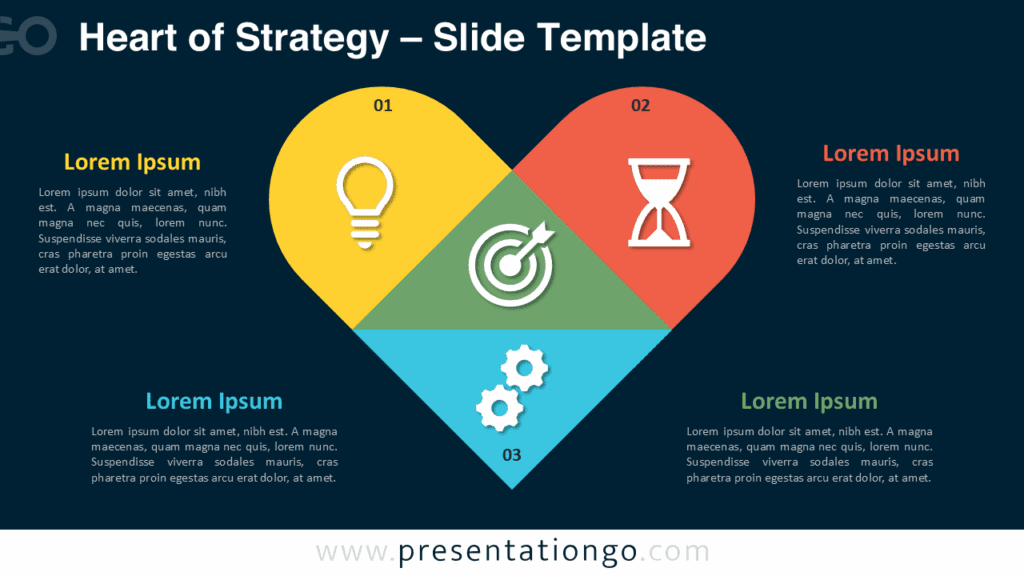 Free Heart of Strategy PowerPoint slide with a dark background and bright heart-shaped segments that converge into a green diamond center, ideal for Google Slides presentations.