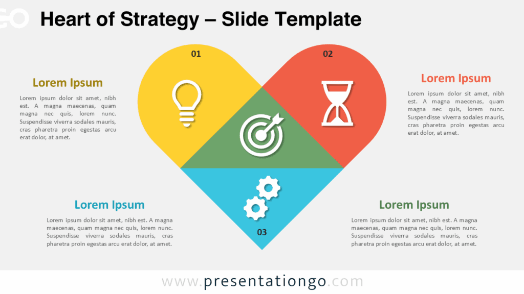 Free Heart of Strategy PowerPoint template with a light background, featuring red, blue, and yellow segments leading to a centered green diamond goal in Google Slides format.
