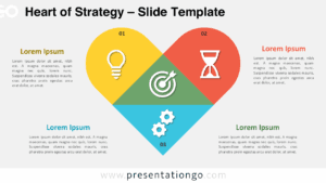 Free Heart of Strategy PowerPoint template with a light background, featuring red, blue, and yellow segments leading to a centered green diamond goal in Google Slides format.