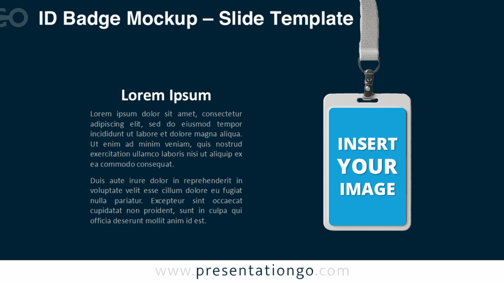 ID Badge Mockup – Dark Background for PowerPoint & Google Slides Free ID Badge Mockup PowerPoint template displayed on a dark background, featuring a vertical badge shape with editable image and text areas.