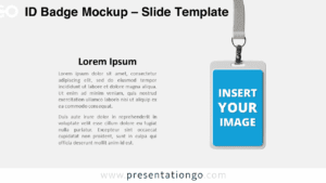 Free ID Badge Mockup PowerPoint template with a light background, showing a vertical badge mockup beside a text section in widescreen layout.