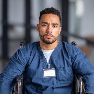 Confident male healthcare worker in navy-blue scrubs and a blank name badge, seated in a wheelchair, representing inclusion in the medical field.