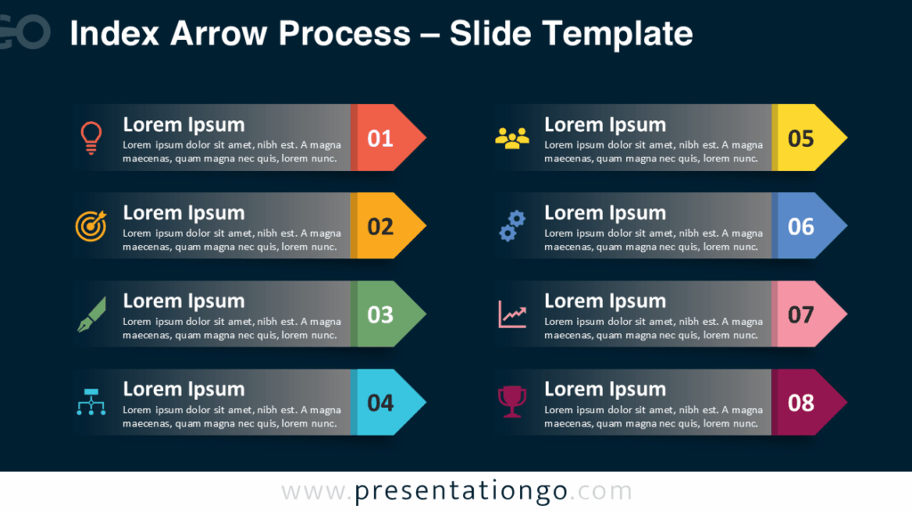 Index Arrow Process – Dark Background for PowerPoint & Google Slides Free Index Arrow Process PowerPoint template and Google Slides diagram with eight numbered arrow strips arranged in two columns on a dark theme.
