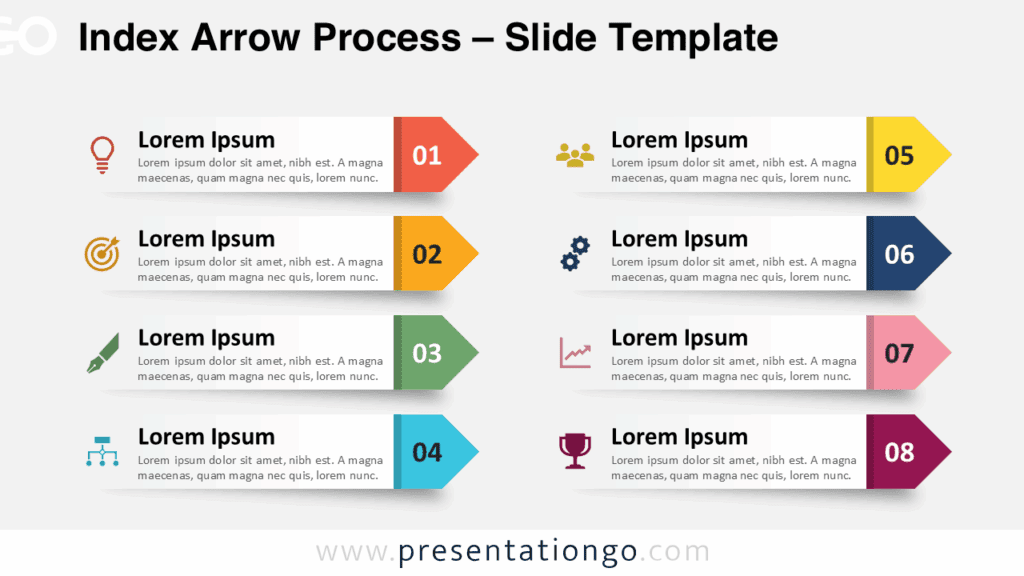 Index Arrow Process – Light Background for PowerPoint & Google Slides Free Index Arrow Process PowerPoint template and Google Slides diagram with eight horizontal strips in two columns on a light background.