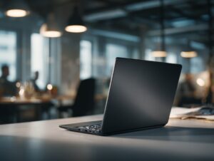 Closed black laptop on a modern office desk with blurred background lights, creating a professional and tech-savvy workspace scene.