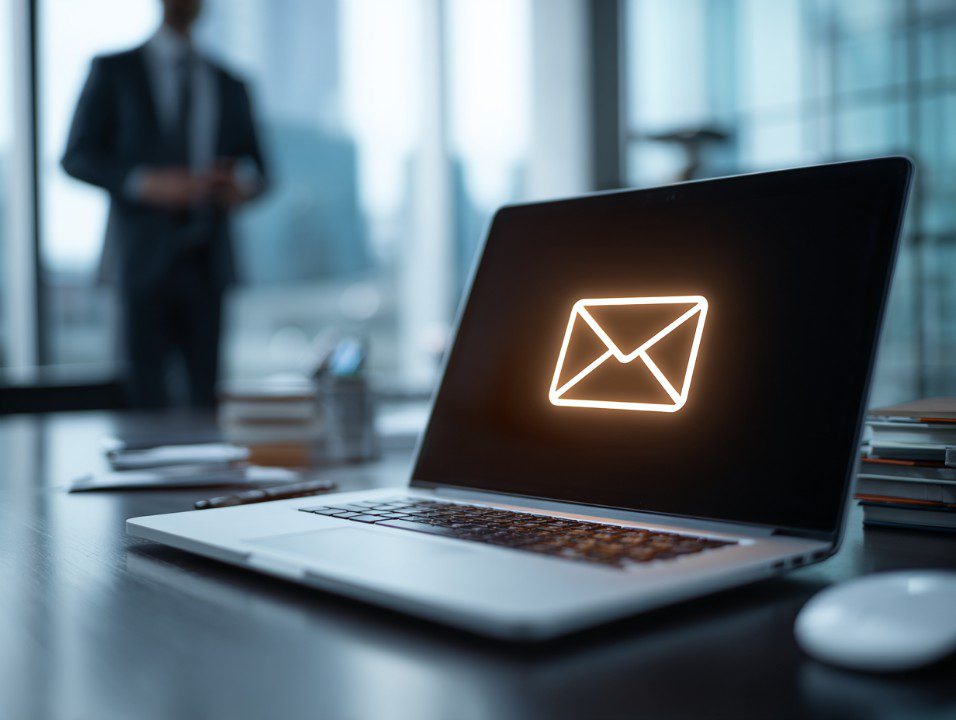 A laptop on an office desk showing a glowing email icon on the screen with a businessperson blurred in the background.