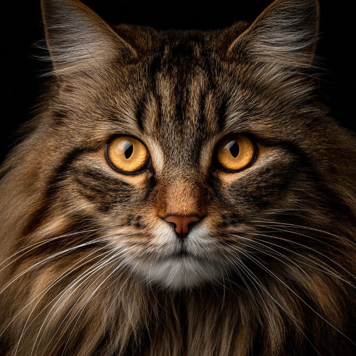 Extreme close-up of a long-haired brown cat with sharp amber eyes and detailed fur texture on a dark background.