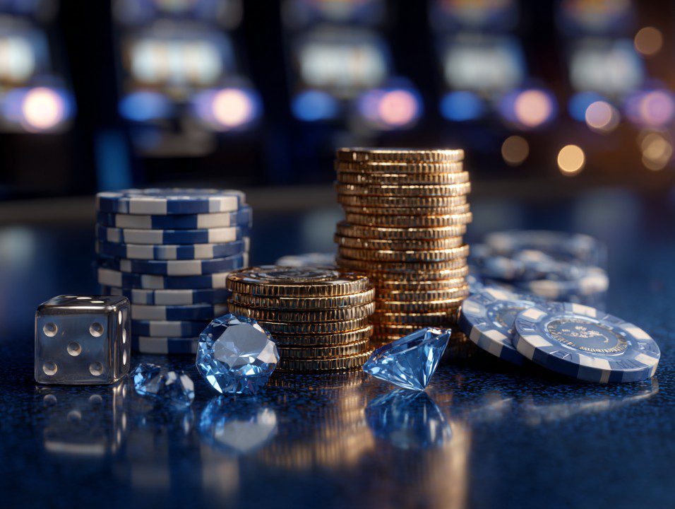 3D-rendered luxury casino scene with blue poker chips, stacked gold coins, sparkling diamonds, and dice on a dark blue table.