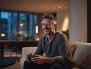 A smiling middle-aged man sitting on a sofa in a modern living room playing video games, enjoying a cozy and relaxed evening.