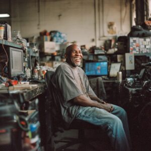 Joyful man sitting and laughing at a busy workshop desk filled with tools and monitors, showcasing authentic work-life atmosphere.