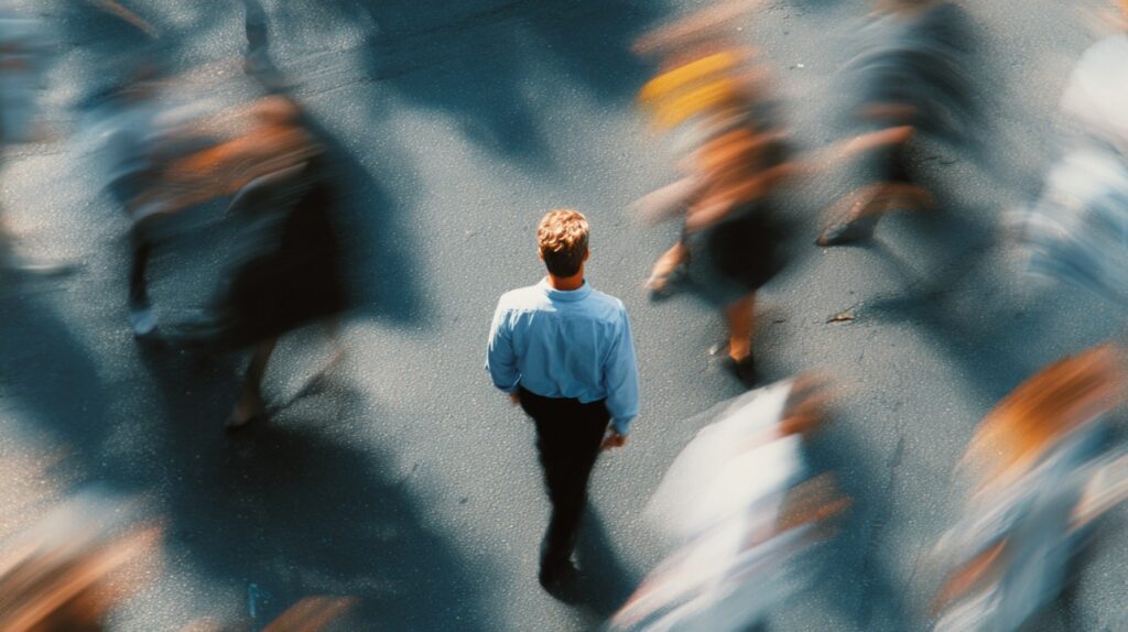 A man in a light blue shirt walking alone through a fast-moving, blurred crowd in an urban setting, symbolizing solitude and focus.