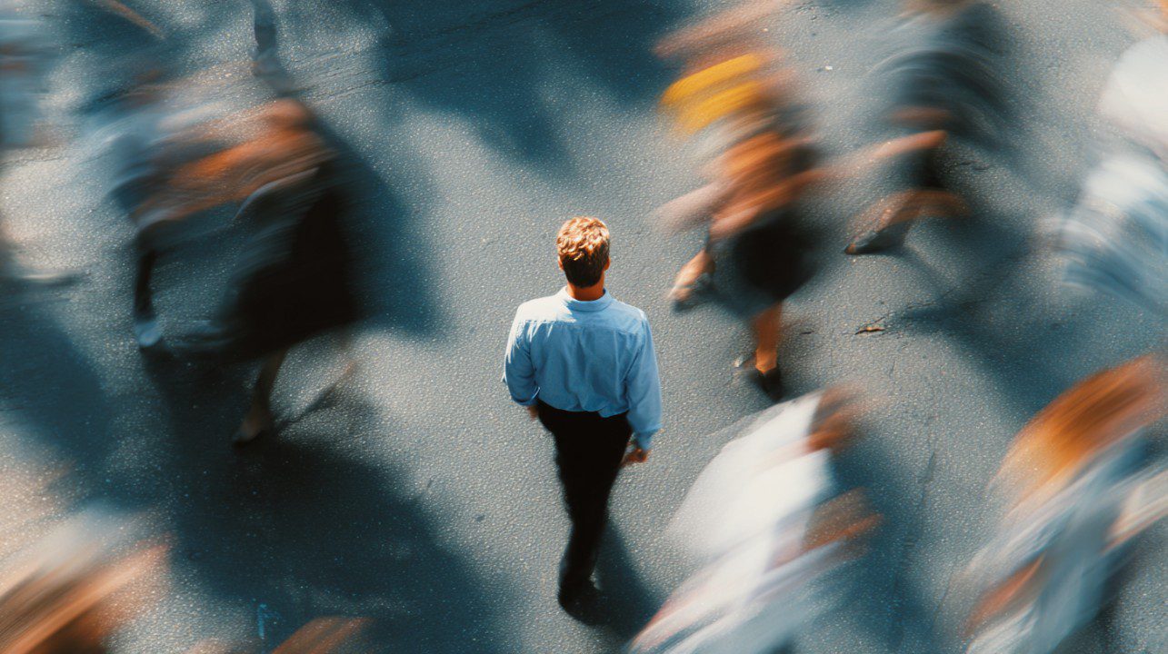 A man in a light blue shirt walking alone through a fast-moving, blurred crowd in an urban setting, symbolizing solitude and focus.