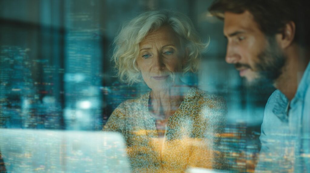 An older woman and a younger man collaborating at night in a modern office, reflected against a backdrop of city lights.