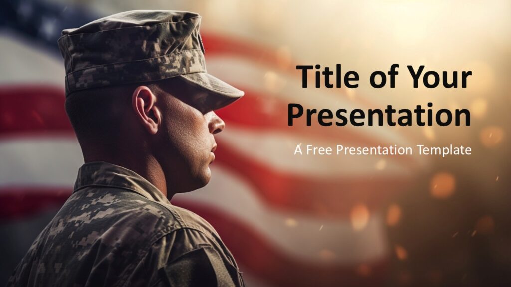 Title slide for PowerPoint and Google Slides showing a soldier profile against a U.S. flag with bold text placeholders on the right.